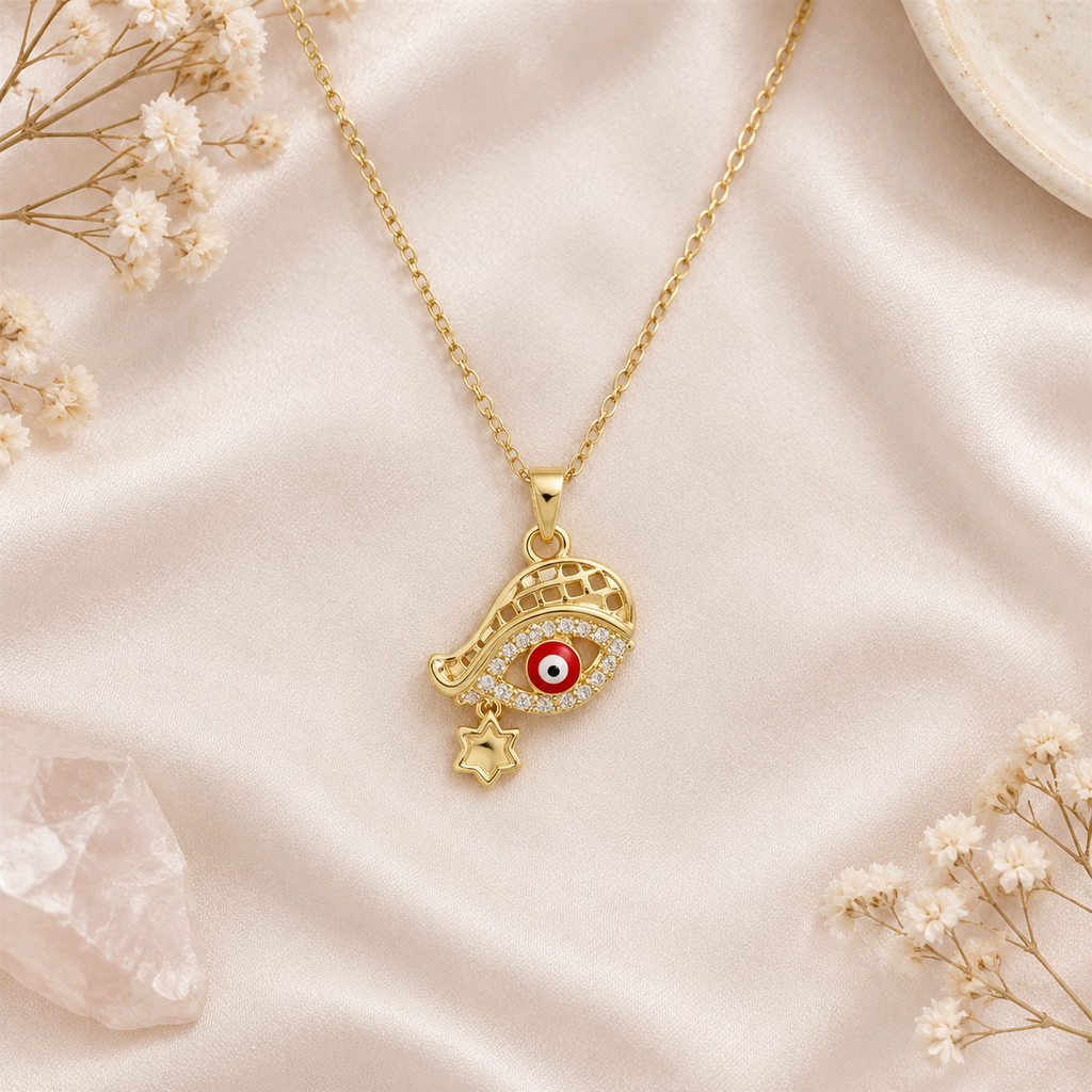 Gold Plated Copper Hamsa Red Eye Star Necklace - flat lay