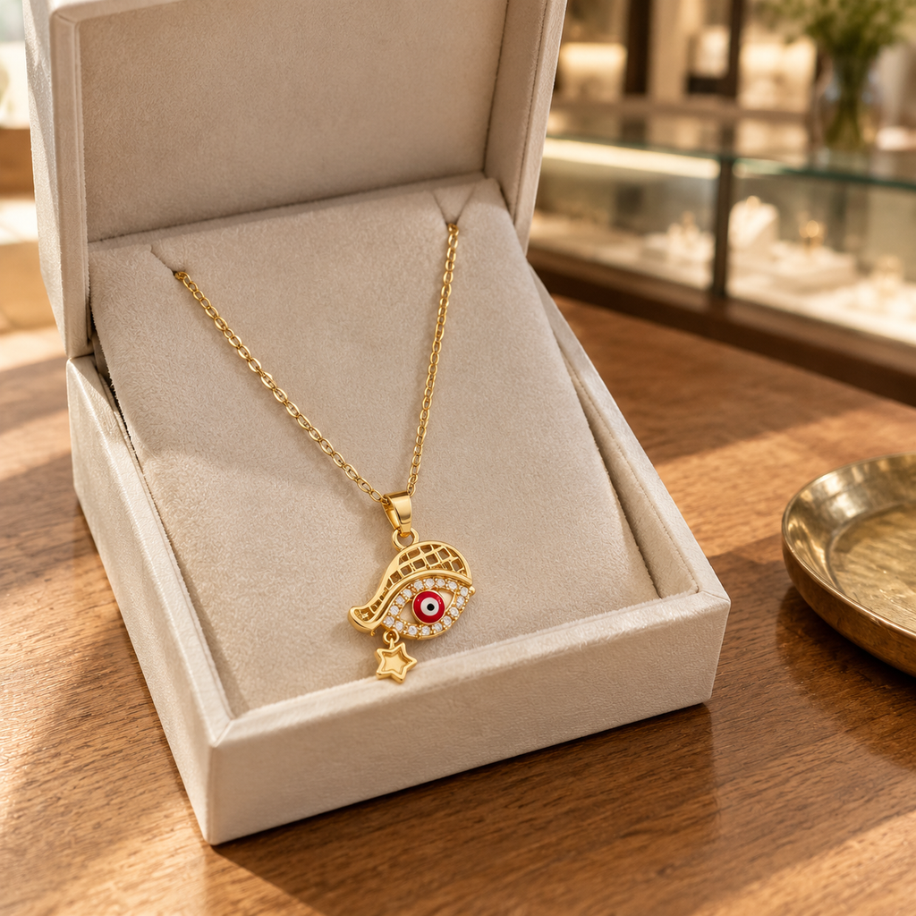 Gold Plated Copper Hamsa Red Eye Star Necklace - lifestyle