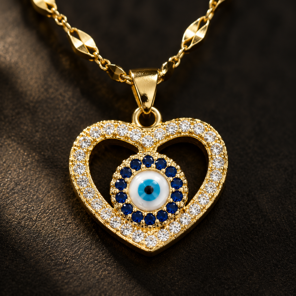 Gold Plated Copper Open Heart Blue Evil Eye Necklace - detail 1