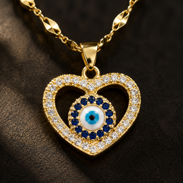 Gold Plated Copper Open Heart Blue Evil Eye Necklace - detail 1
