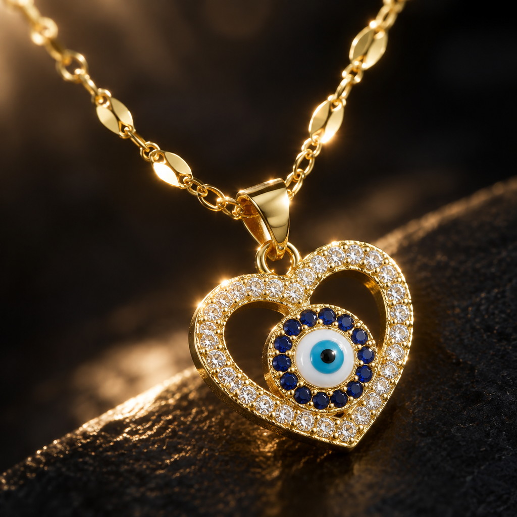 Gold Plated Copper Open Heart Blue Evil Eye Necklace - detail 2