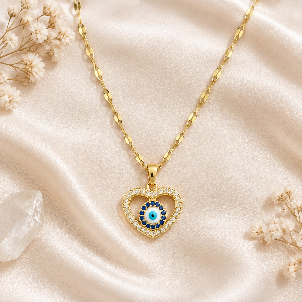 Gold Plated Copper Open Heart Blue Evil Eye Necklace - flat lay