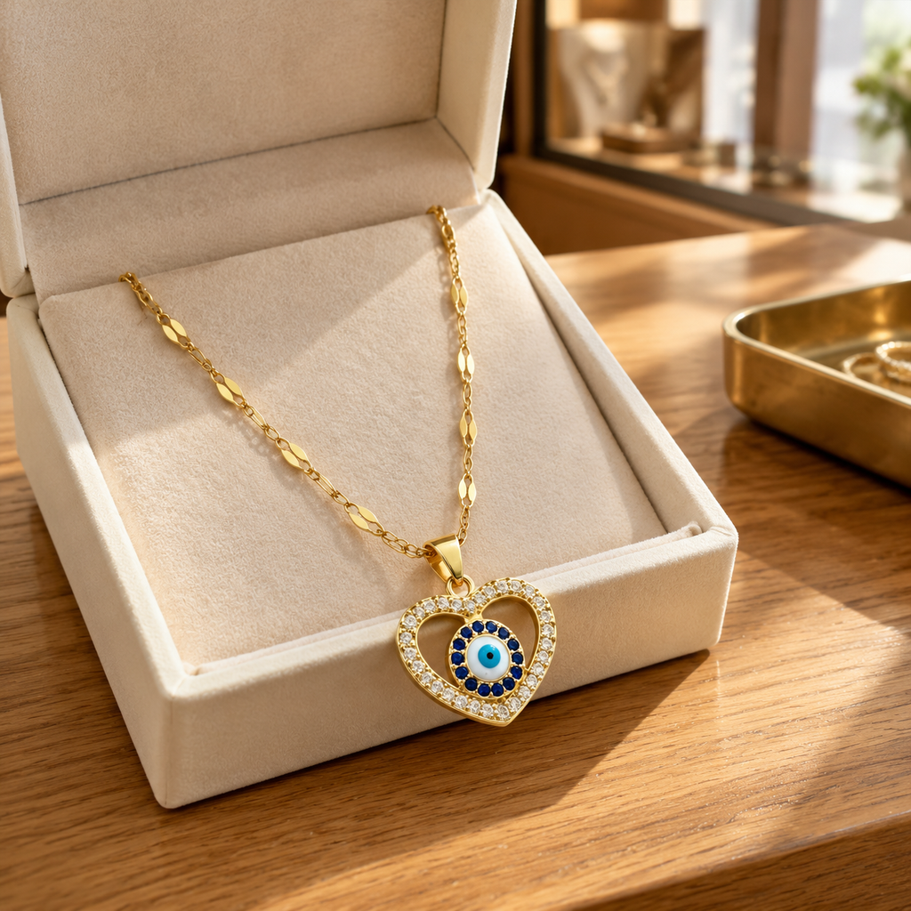 Gold Plated Copper Open Heart Blue Evil Eye Necklace - lifestyle