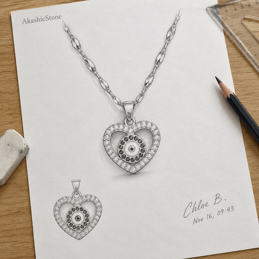 Gold Plated Copper Open Heart Blue Evil Eye Necklace - line art