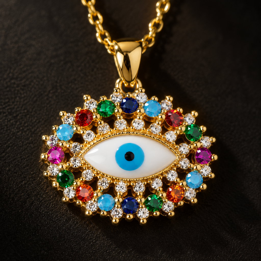 Gold Plated Copper Multicolor Double Lash Blue Evil Eye Necklace - detail 1