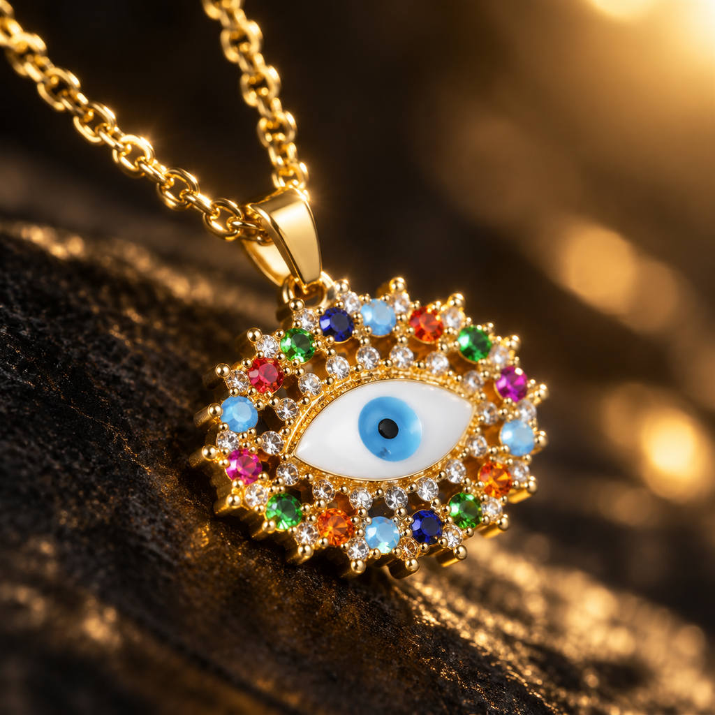 Gold Plated Copper Multicolor Double Lash Blue Evil Eye Necklace - detail 2