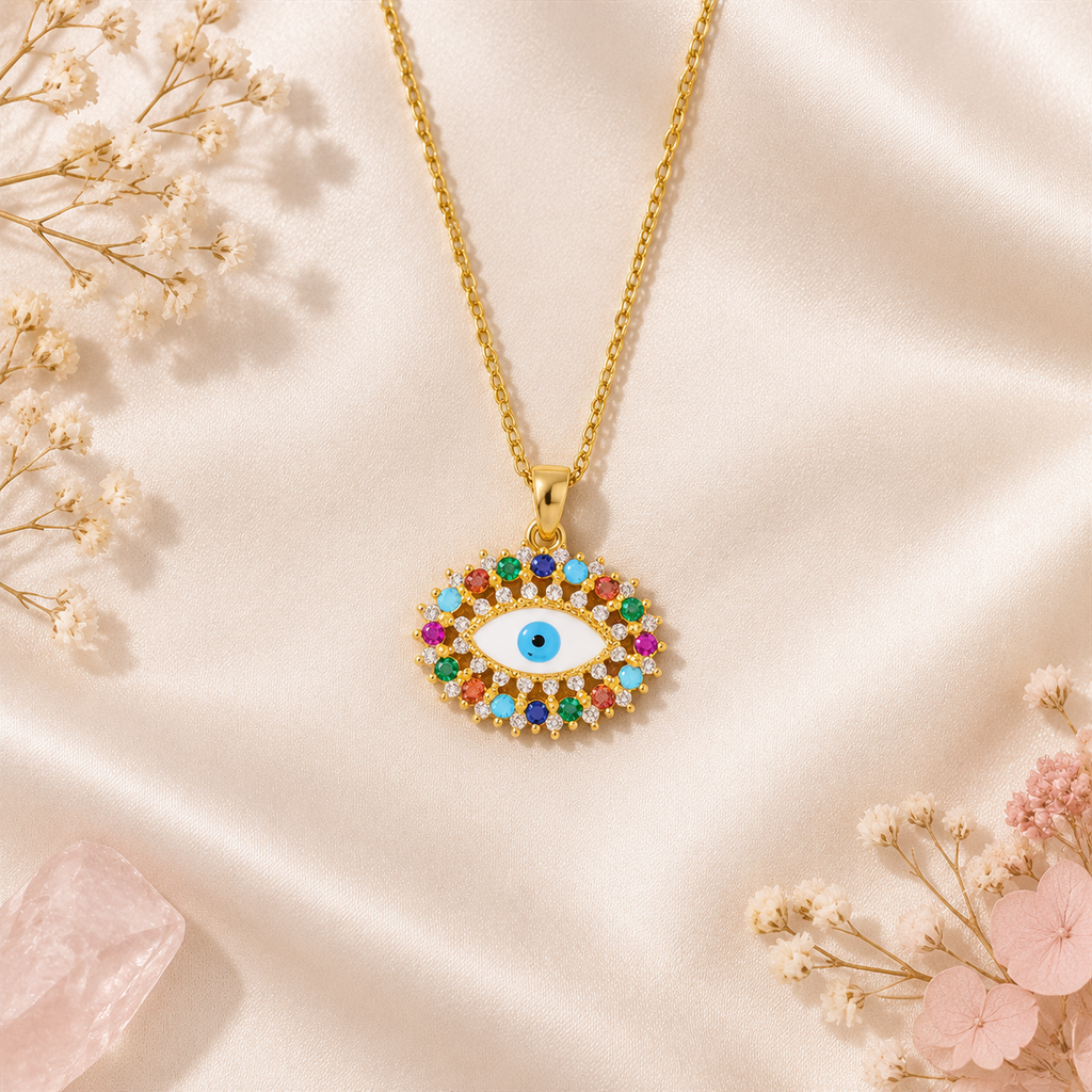 Gold Plated Copper Multicolor Double Lash Blue Evil Eye Necklace - flat lay