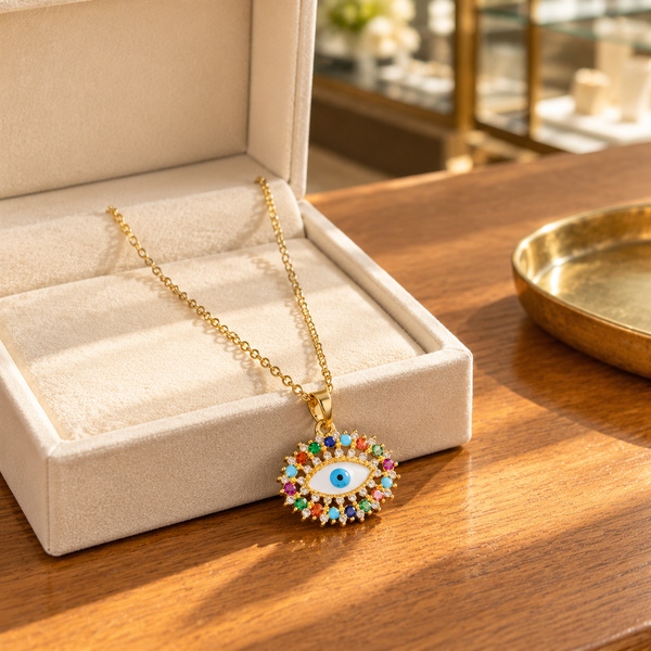 Gold Plated Copper Multicolor Double Lash Blue Evil Eye Necklace - lifestyle