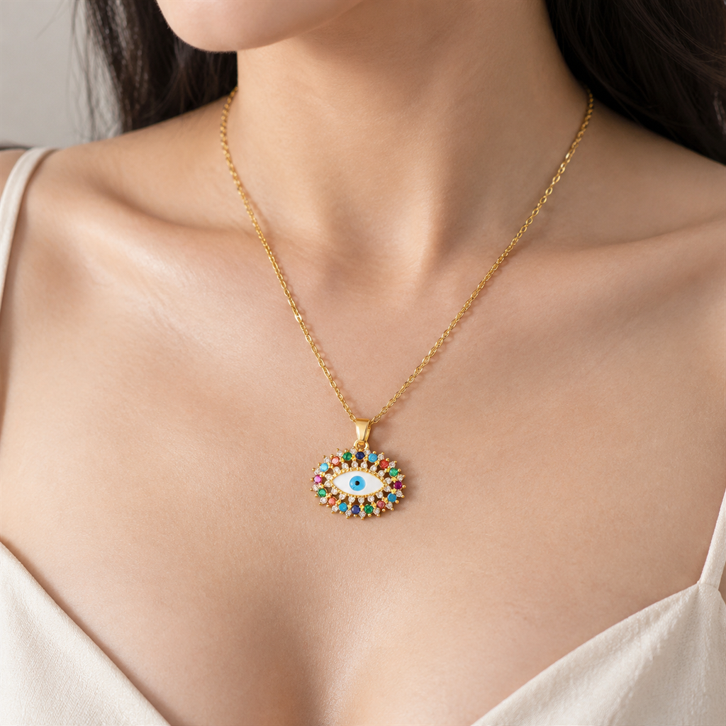 Gold Plated Copper Multicolor Double Lash Blue Evil Eye Necklace - wear closeup