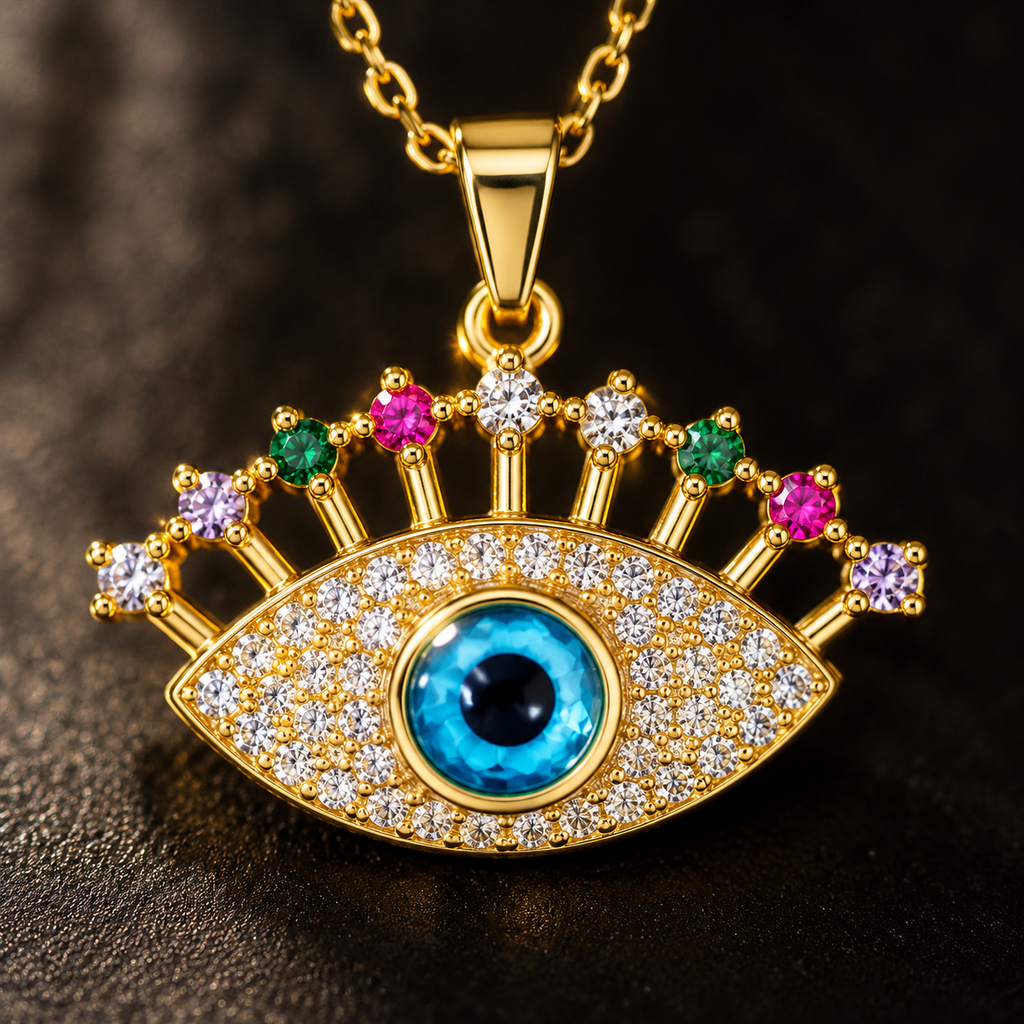 Gold Plated Copper Multicolor Lash Evil Eye Necklace - detail 1
