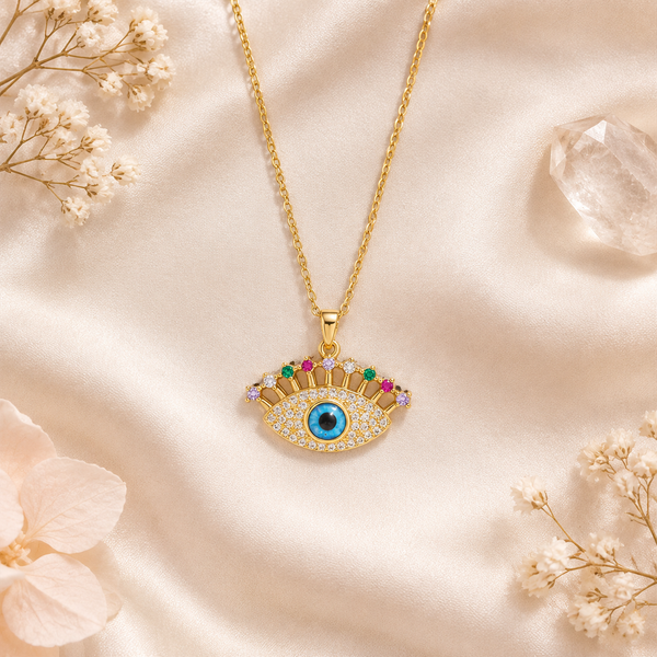 Gold Plated Copper Multicolor Lash Evil Eye Necklace - flat lay