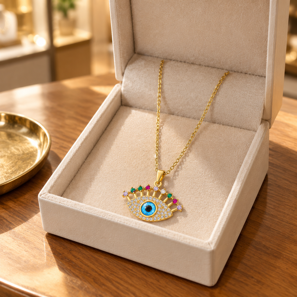 Gold Plated Copper Multicolor Lash Evil Eye Necklace - lifestyle