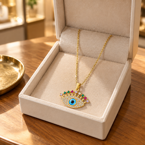 Gold Plated Copper Multicolor Lash Evil Eye Necklace - lifestyle