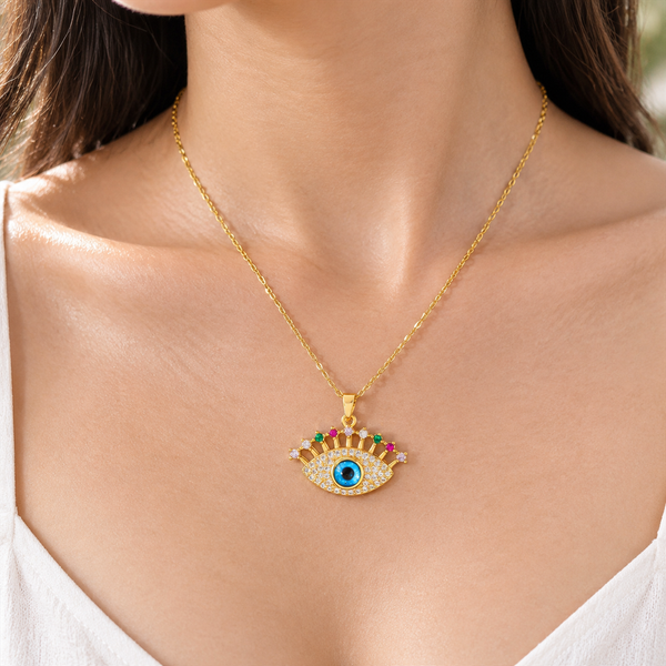 Gold Plated Copper Multicolor Lash Evil Eye Necklace - wear closeup
