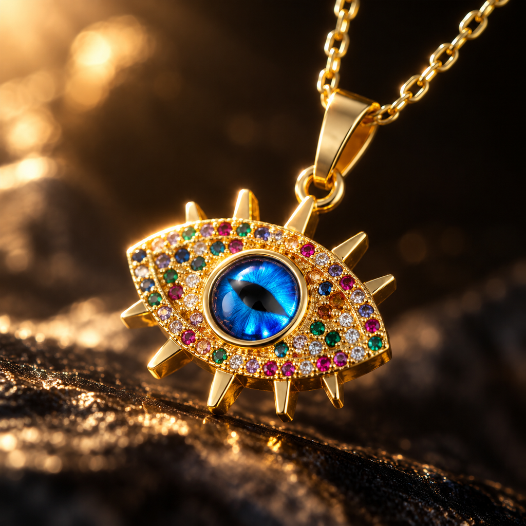 Gold Plated Copper Multicolor Sun Blue Evil Eye Necklace - detail 2