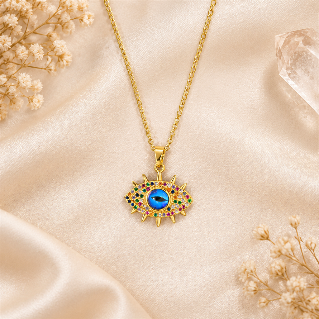 Gold Plated Copper Multicolor Sun Blue Evil Eye Necklace - flat lay