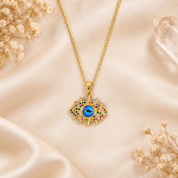 Gold Plated Copper Multicolor Sun Blue Evil Eye Necklace - flat lay