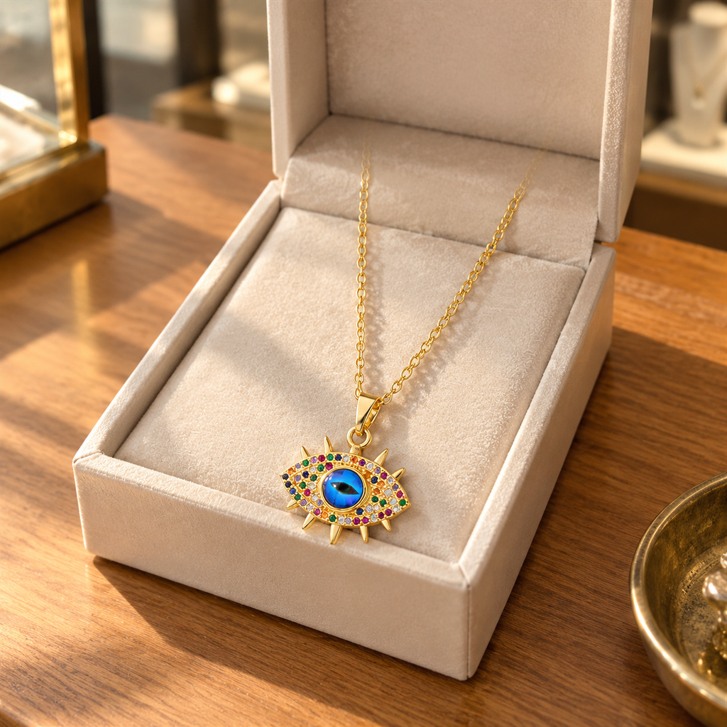 Gold Plated Copper Multicolor Sun Blue Evil Eye Necklace - lifestyle