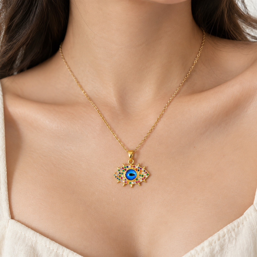 Gold Plated Copper Multicolor Sun Blue Evil Eye Necklace - wear closeup