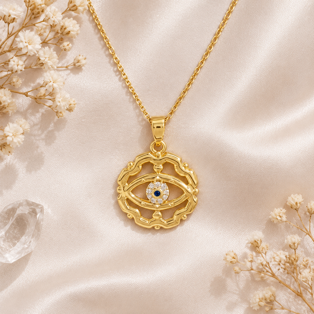 Gold Plated Copper Openwork Eye Necklace - flat lay