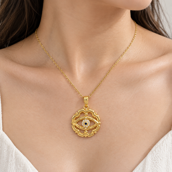 Gold Plated Copper Openwork Eye Necklace - wear closeup