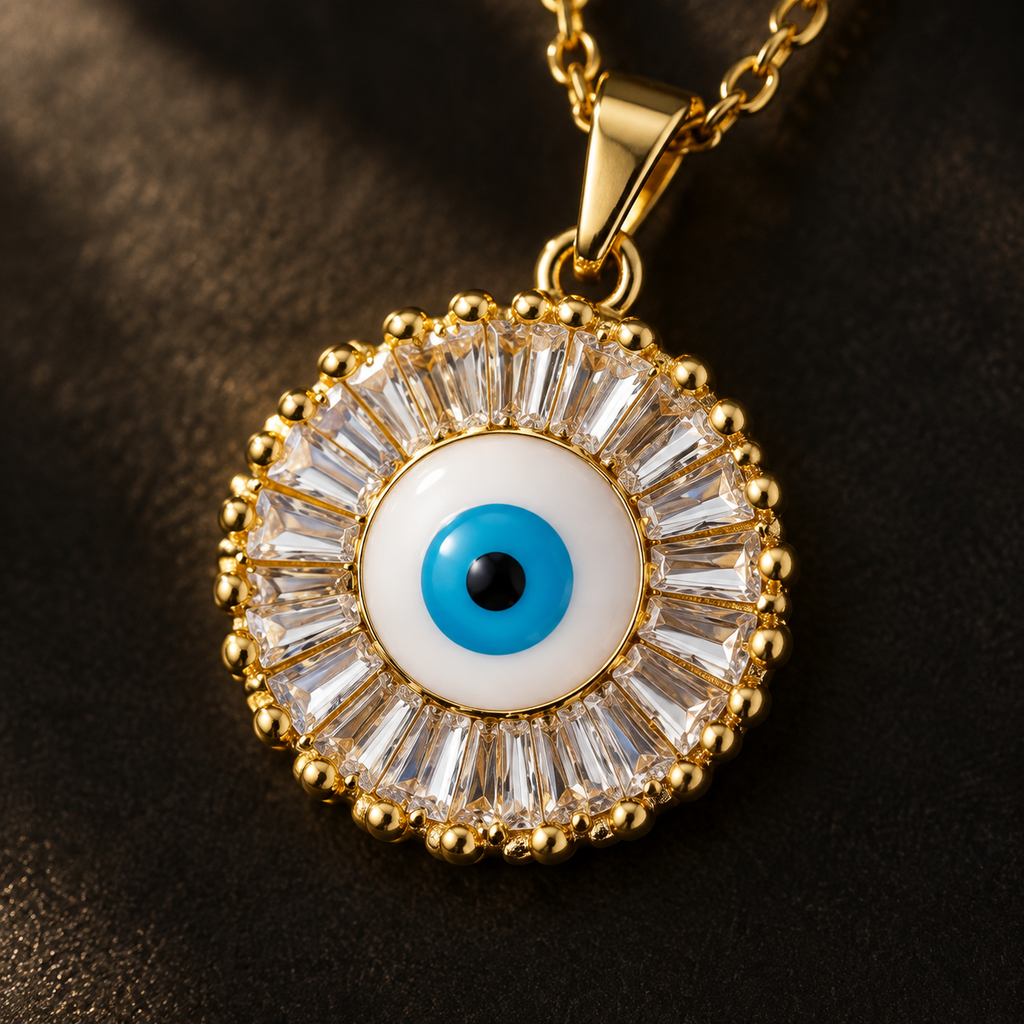 Gold Plated Copper Round Blue Evil Eye Necklace - detail 1
