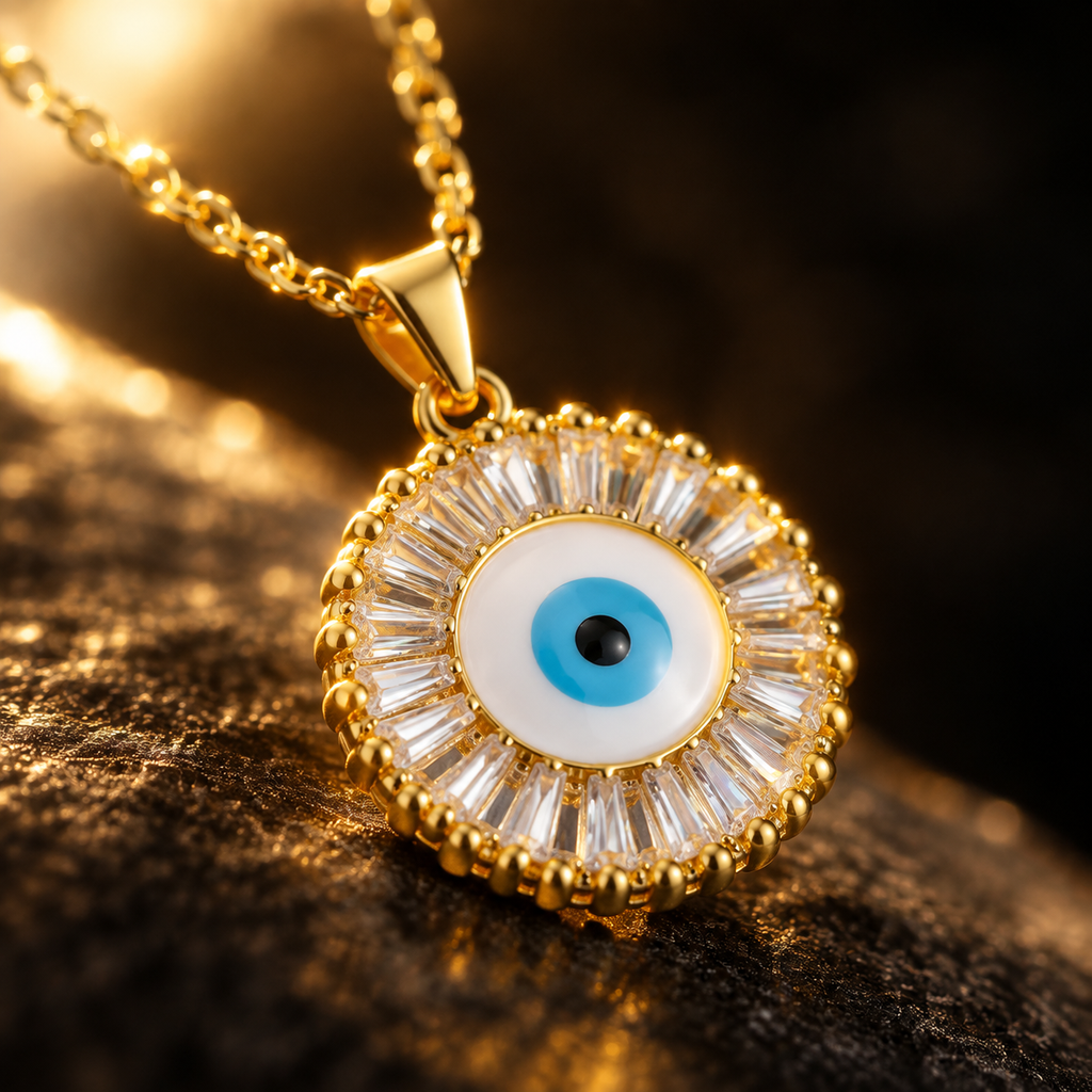 Gold Plated Copper Round Blue Evil Eye Necklace - detail 2
