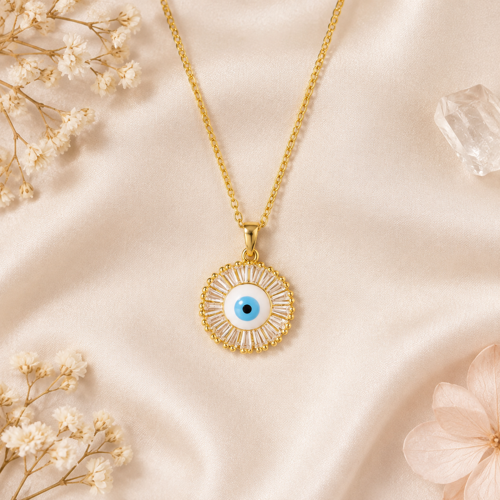 Gold Plated Copper Round Blue Evil Eye Necklace - flat lay