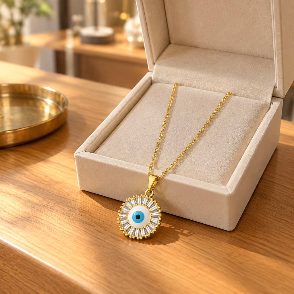 Gold Plated Copper Round Blue Evil Eye Necklace - lifestyle