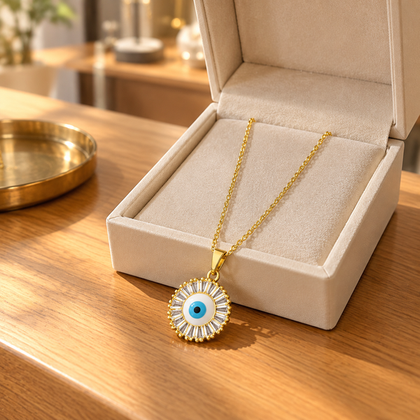 Gold Plated Copper Round Blue Evil Eye Necklace - lifestyle