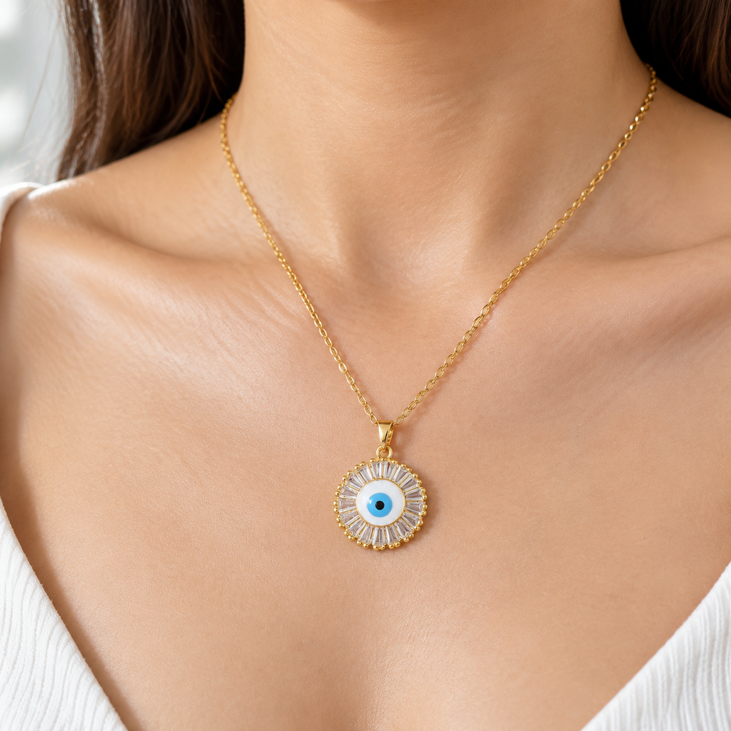 Gold Plated Copper Round Blue Evil Eye Necklace - wear closeup