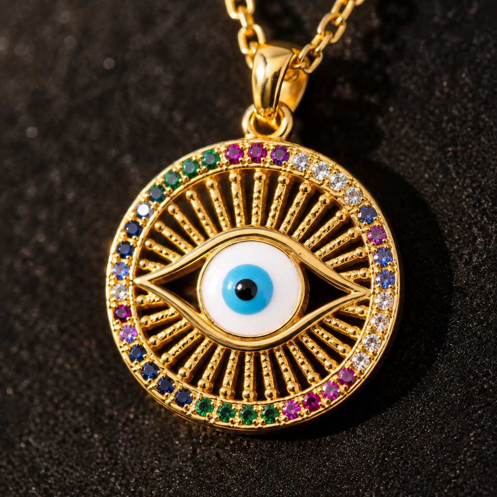 Gold Plated Copper Round Multicolor Evil Eye Necklace - detail 1