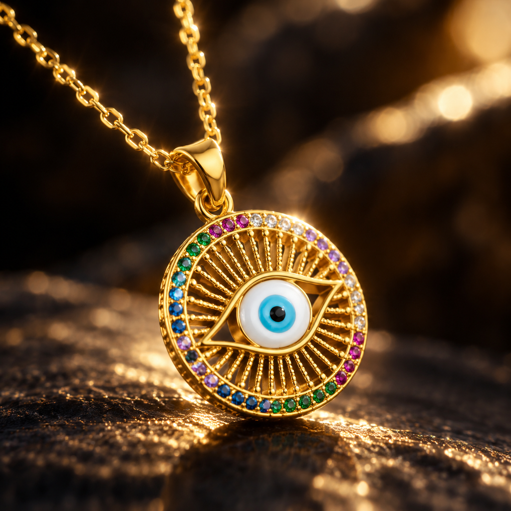 Gold Plated Copper Round Multicolor Evil Eye Necklace - detail 2