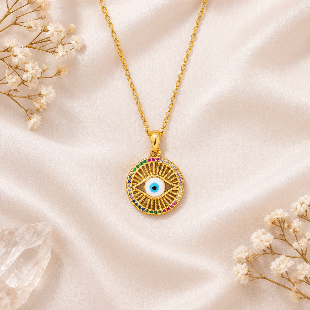 Gold Plated Copper Round Multicolor Evil Eye Necklace - flat lay