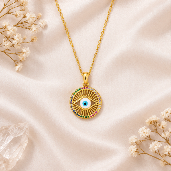 Gold Plated Copper Round Multicolor Evil Eye Necklace - flat lay