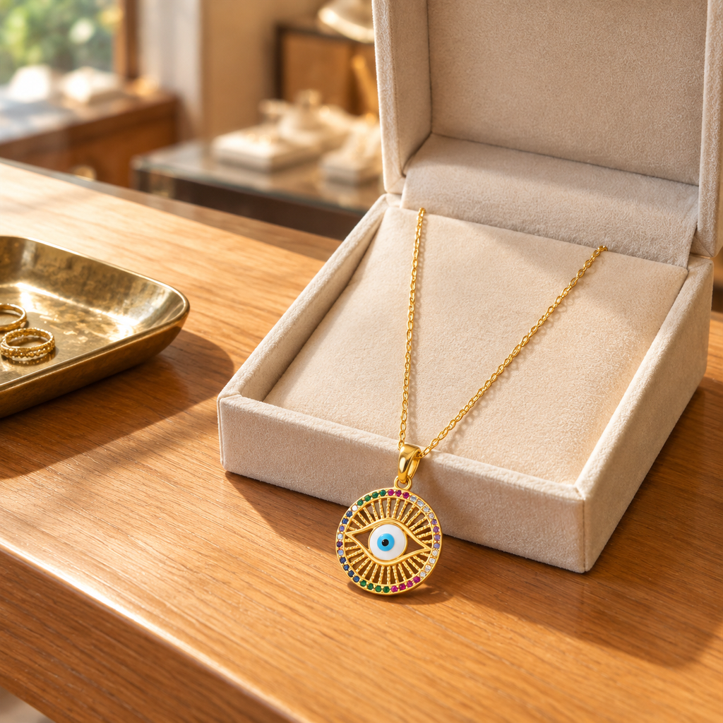 Gold Plated Copper Round Multicolor Evil Eye Necklace - lifestyle
