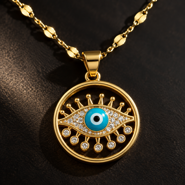 Gold Plated Copper Round Sun Blue Evil Eye Necklace - detail 1