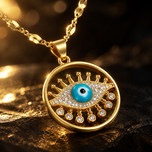 Gold Plated Copper Round Sun Blue Evil Eye Necklace - detail 2