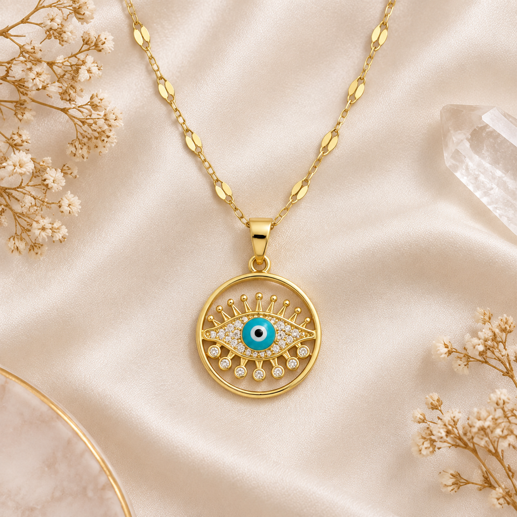 Gold Plated Copper Round Sun Blue Evil Eye Necklace - flat lay