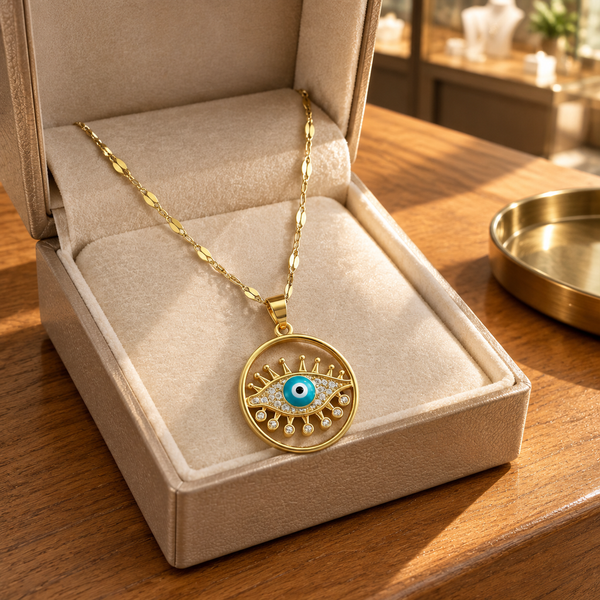 Gold Plated Copper Round Sun Blue Evil Eye Necklace - lifestyle