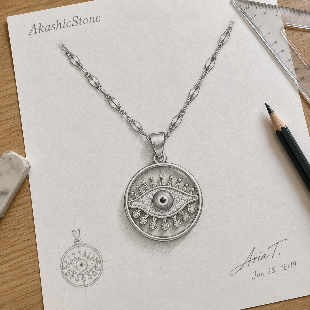 Gold Plated Copper Round Sun Blue Evil Eye Necklace - line art