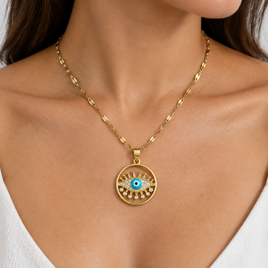 Gold Plated Copper Round Sun Blue Evil Eye Necklace - wear closeup