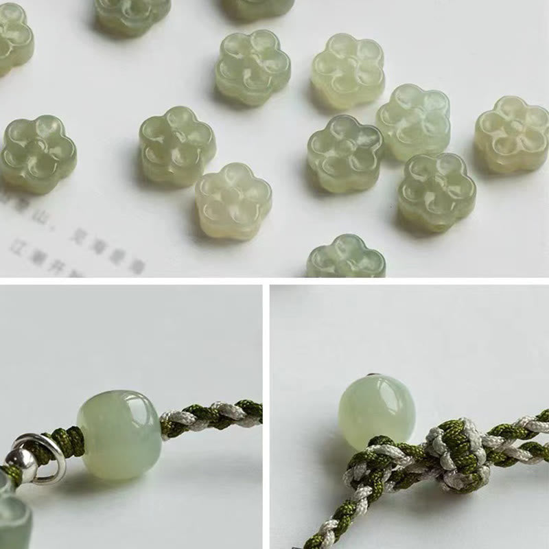 Plum Blossom Jade Flower Braided Bracelet – Three-panel composite showing carved floral jade beads, cord knotwork detail and cylindrical jade bead on white surface