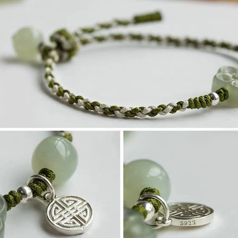 Plum Blossom Jade Flower Braided Bracelet – Three-panel composite with full bracelet view, S925 silver charm reverse detail and floral jade close-ups on white