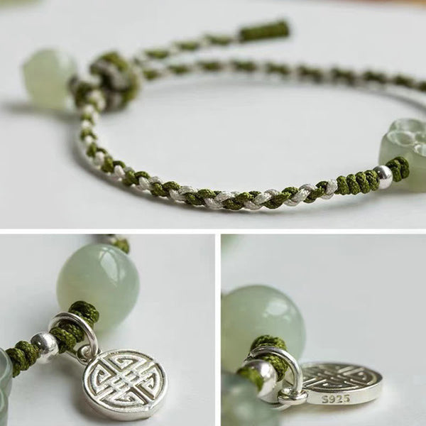 Plum Blossom Jade Flower Braided Bracelet – Three-panel composite with full bracelet view, S925 silver charm reverse detail and floral jade close-ups on white