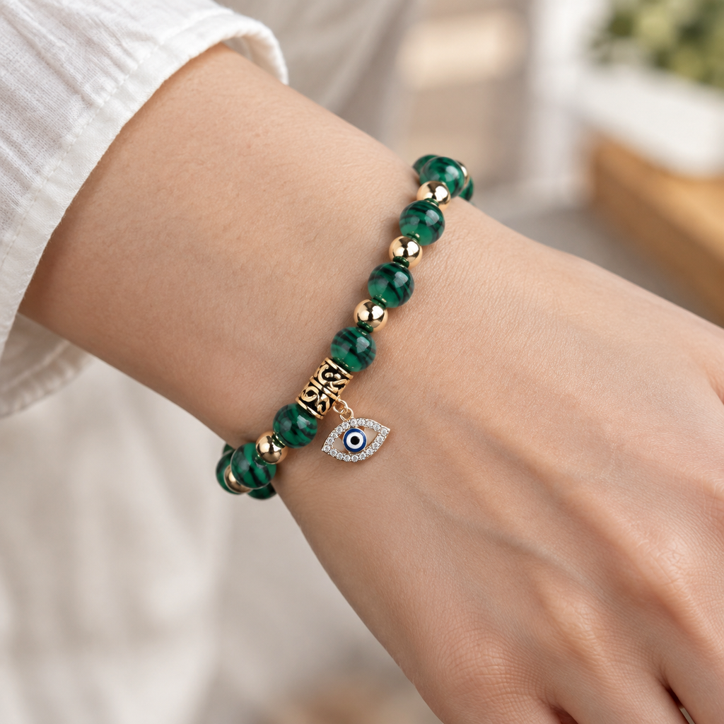 Green Malachite-Style Evil Eye Bracelet - wear closeup