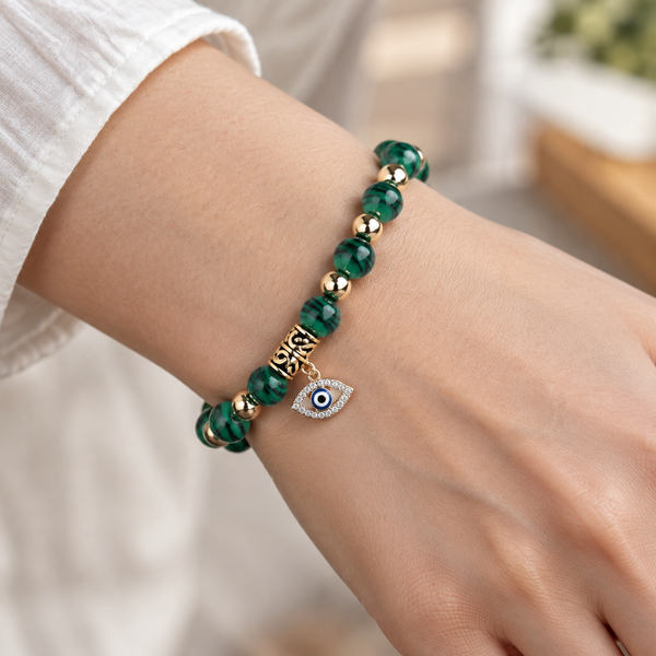 Green Malachite-Style Evil Eye Bracelet - wear closeup