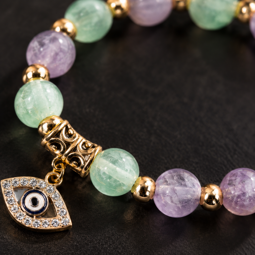 Green Lilac Fluorite Evil Eye Bracelet - detail 1
