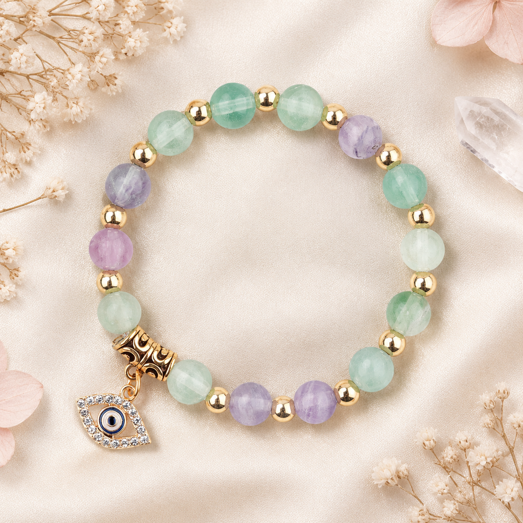 Green Lilac Fluorite Evil Eye Bracelet - flat lay