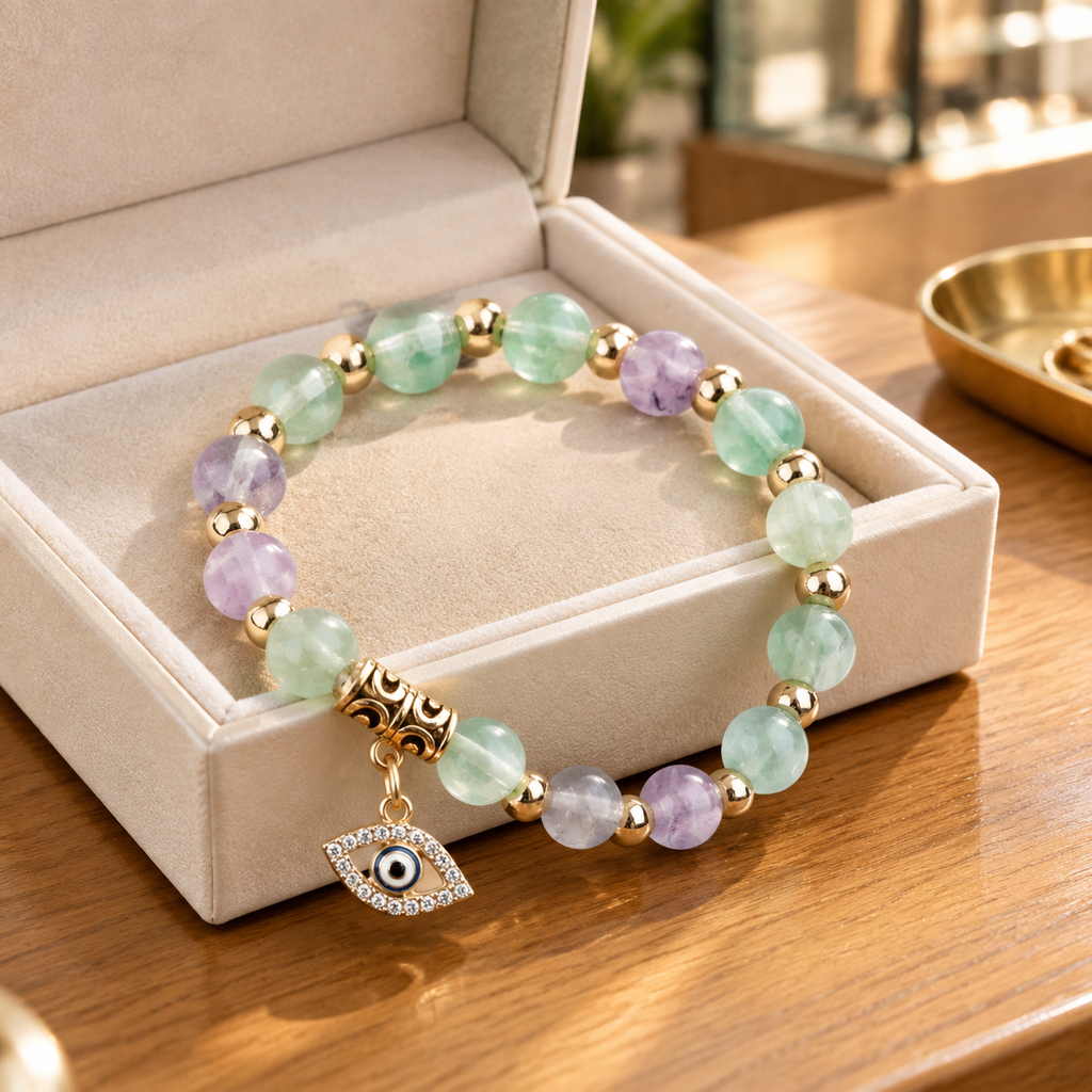 Green Lilac Fluorite Evil Eye Bracelet - lifestyle